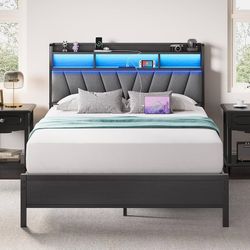 Full Size Bed Frame with Headboard, Metal Platform Bed with LED Lights & Charging Station, 2-Tier Storage, Sturdy and Easy Assembly, Under Bed Storage