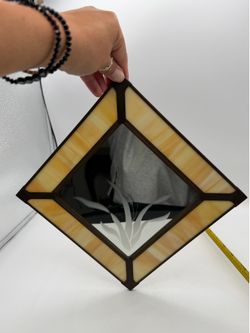 Vintage Stained Glass Mirror With Wheat Pattern Etching Brass Leading Wall Hanging 9x9
