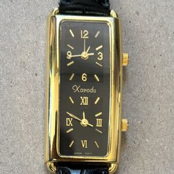 Vintage Xanadu Dual Face / dual time zone Travel Watch 2 Dials black Leather Band very unique $55 Zelle Venmo or cash app+ 10$ shipping