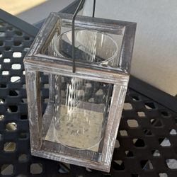 Distressed White Wooden Open-frame Lantern With A Glass Hurricane Insert