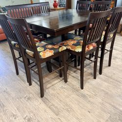 Solid Dining Room, Set With Built-In Leaf, Upholstered Bench, And Six Upholstered Chairs.
