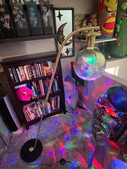 Contemporary Brushed Brass Globe Arch Lamp with rotating disco party bulb