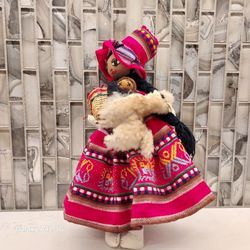 Peruvian Doll Girl with Liama and two  babies