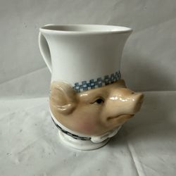 Vintage Discontinued Hand-Painted Ceramic Department 56 Jam Bon Chef Pig Mug Featuring a Sculpted 3D Pig Head Wearing a Checkered Chef's Hat & Bow Tie