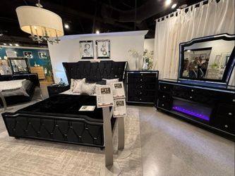 Bedroom Set Black Velvet 4 pcs new fireplace dresser Led Lights Bed