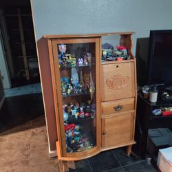 Antique Solid Oak Curio Cabinet, Side by Side, Secretary Desk, Pulaski Furniture / Dawson, Lighted. Curved Glass, Mirrored, Clawfoot, Lights