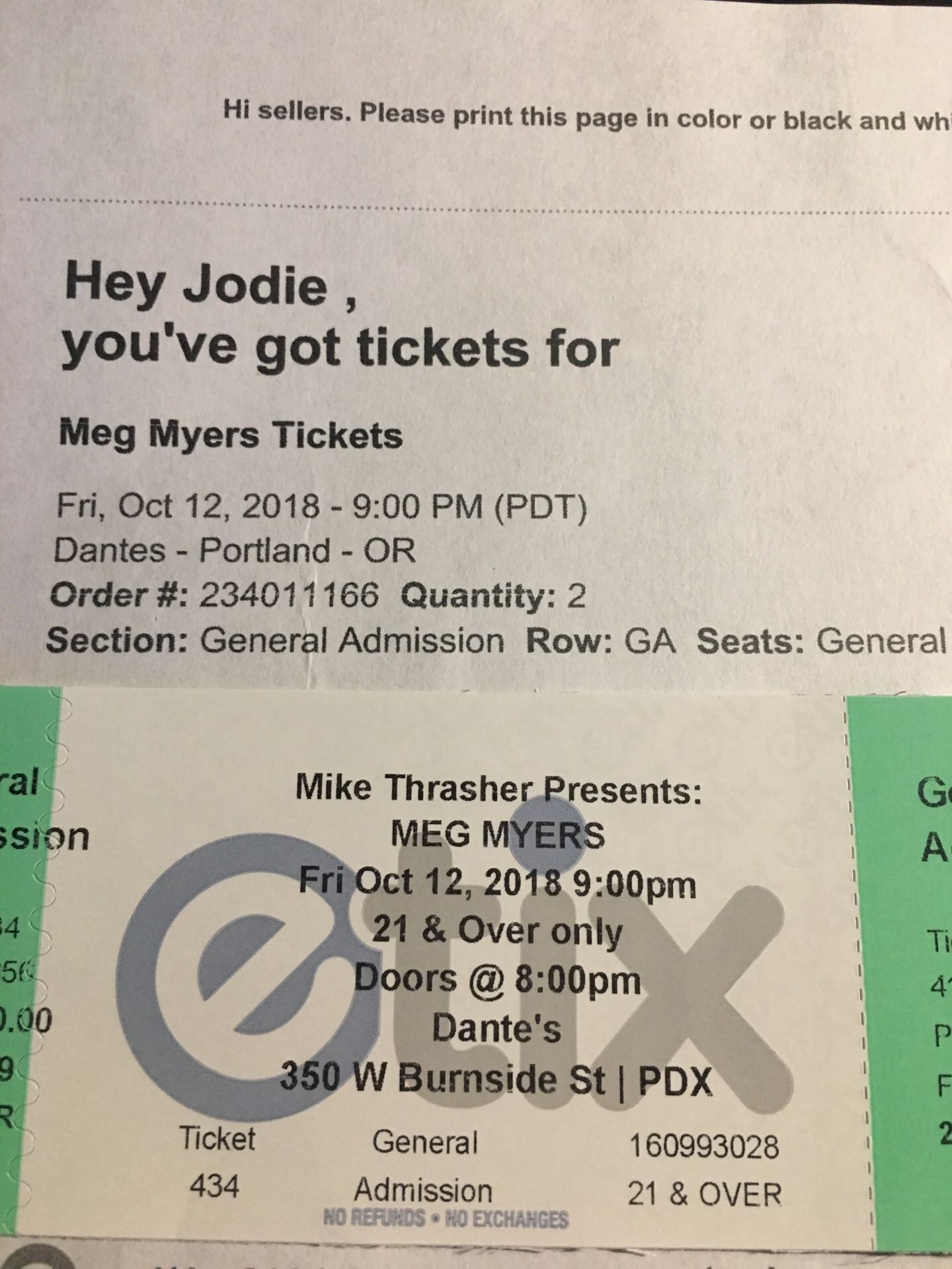 2x Concert tix- Meg Meyers Tickets-Portland Oregon Fri Oct 12th