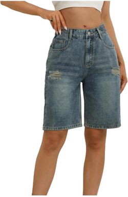 Women’s High Waisted Bermuda Denim Shorts Ripped Casual Jorts Vintage Button Fly Jean Shorts for Summer Streetwear