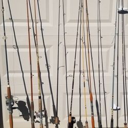 Mixed Lot Of Ten Vintage Fishing Poles Some Have Reels