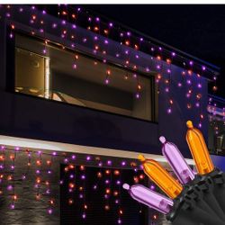 HAYATA 100 LED Halloween Icicle Lights with timer - 7.7ft Purple Orange Curtain String Lights Extendable 8 Modes for Outdoor Garden House Window Decor