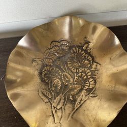 Vintage brass trinket dish, floral trinket dish, ring dish, desk decor