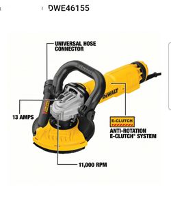 DeWalt Model: DWE46155 DEWALT Angle Grinder: 13 A, maximum speed of 11,000 RPM, sliding, anti-kickback clutch/overload protection.