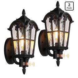 2-Pack 16” Large Motion Sensor Outdoor Wall Lights, Black Auto ON/OFF, 3 Lighting Modes, Waterproof, Rust-Resistant, Durable Metal & Water Ripple Glas