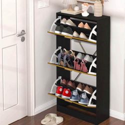 Shoe Cabinet Storage, 3 Tier Freestanding Narrow Hidden Wooden Hallway Shoe Rack with 3 Flip Drawers, Slim Narrow Shoe Organizer C