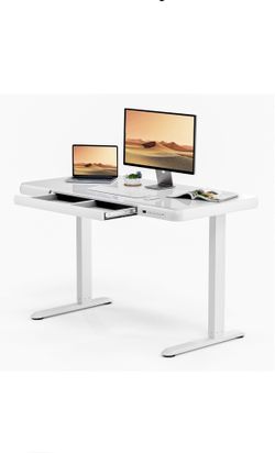 SANODESK Standing Desk with Drawer, Electric Height Adjustable Home Office Desk with Storage & USB Ports, 48 inch Tempered Glass Tabletop/White Frame