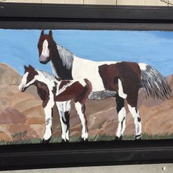 Original Horse Painting On Cabinet Door Signed By S.C. Local Artist Caverlen Revels 19x34 solid wood
