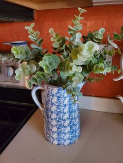 18" Bule and White Glass Pitcher Vase Floral Arrangement - $25 obo