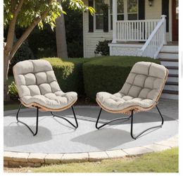 Set of 2 Rattan Brown Stationary Conversation Chair with Beige Mesh Seat