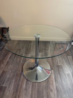 Vintage glass & chrome pedestal table with 3 Ikea Tobias chairs