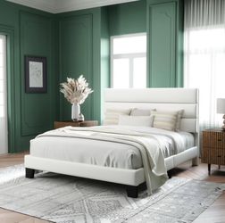 Queen Size Platform Bed Frame with Velvet Upholstered Headboard and wooden mattress support