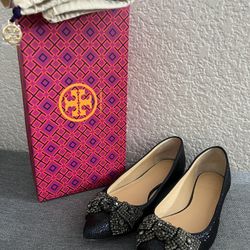 Tory Burch navy Vanessa Metallic leather Rhinestones Flat Shoes Womens 8.5
