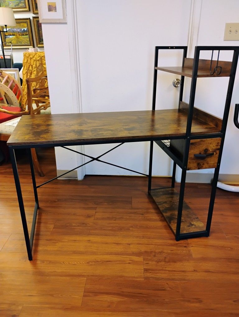 Industrial Style Desk With Shelves And A Drawer 