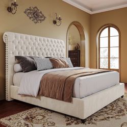 PaPaJet King Bed Frame Upholstered Platform Bed Frame with 52.8'' Tall Sleigh Headboard, Button Tufted, No Box Spring Needed, 