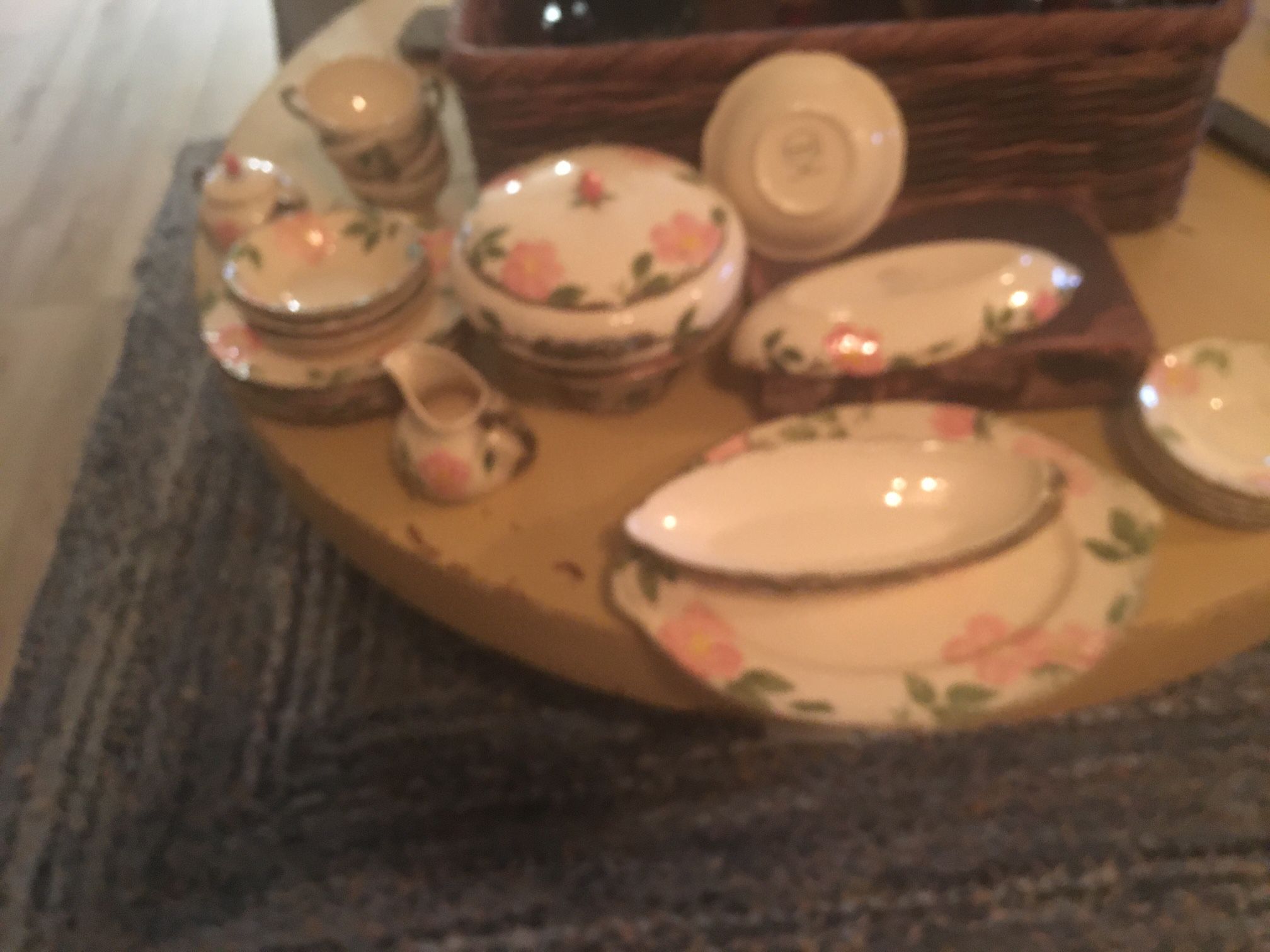 4 Place Setting Of desert rose Dishes.  Including Cake Stand, 3 Gravy Boats, Round Casserole Dish With Lid.