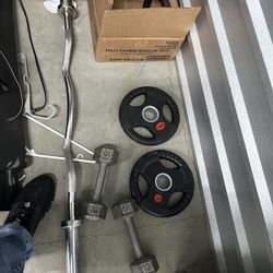 Curl Bar Two 10 Lbs Weight And Two 10 Lb Dumbbells 