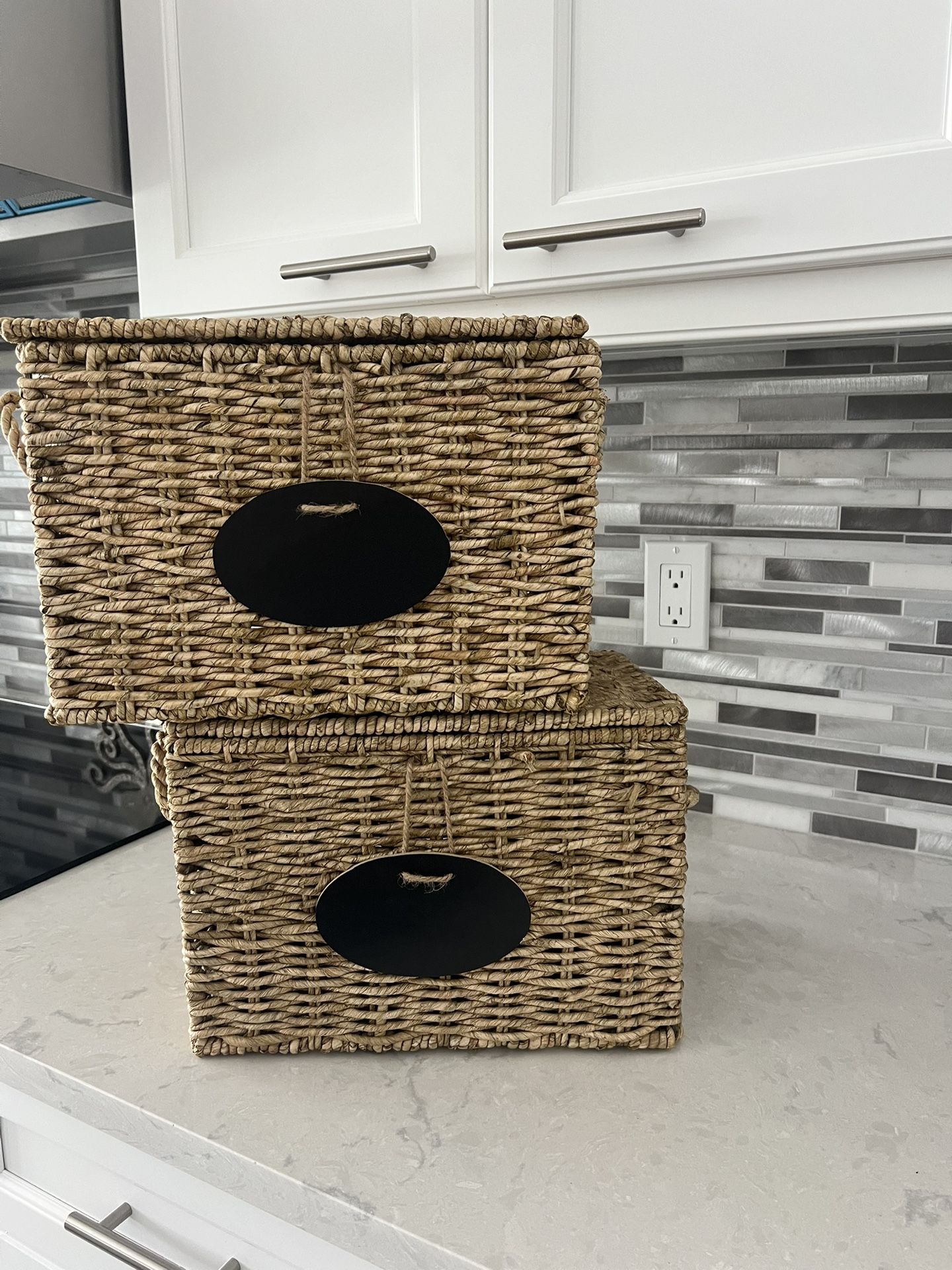 Pair of wicker baskets with removable wooden hanging label (you can use chalk and then erase)