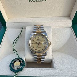 1987 Rolex Datejust 36mm 16013 Champagne Roman Dial 18k yellow gold and stainless steel jubilee bracelet box & appraisal papers