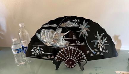 Mother Of Pearl Inlaid Fan, Decorative art: fishing