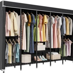 H5C Heavy Duty Garment Rack with Cover Clothes Rack with Adjustable Shelves Wardrobe Closet Hanging Rods Portable Closet for Storage and Organizer, Bl