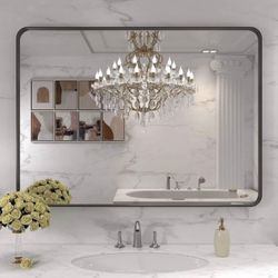 LOAAO 32x24 Inch Black Metal Framed Bathroom Mirror for Wall, Matte Black Bathroom Vanity Mirror Far