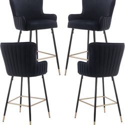 0584d 30" Black Bar Stools Set of 4, Velvet Upholstered Kitchen Island Bar stools with Wing Back, Mid Century Gold Bar Stools with Armrests and Footre