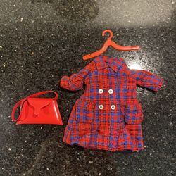 Vintage Libby Remco Red & Blue Plaid Peacoat, Handbag & Hanger for Barbie Dolls