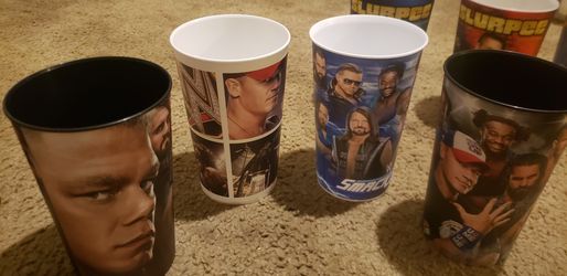 Lot of EIGHT WWE PRO WRESTLING CUPS. RAW SMACKDOWN CENA KOFI NEW DAY MIZ