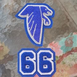 2 Vintage Blue/Gray/White Chenille Falcon Mascot Patch Logo And Number 66/99