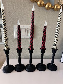 Set of 5 Halloween Decorative Taper Candles with Black Glitter Holders