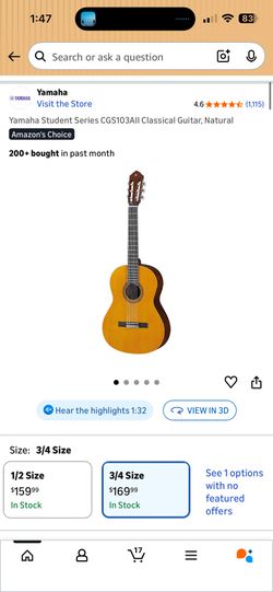 Yamaha Student Series CGS103AII Classical Guitar, Natural