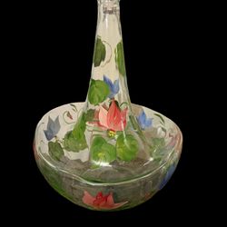 Very Unique Hand-blown glass pitcher with hand-painted floral design.
