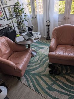 Vintage Blush Tan Genuine Leather Swivel Club Chairs