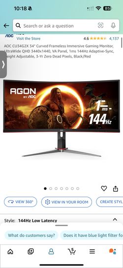 Aoc 34 In Curved Monitor 144hz, HDR10