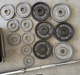 Weights, curl bar, barbell