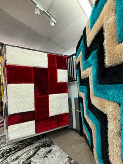 Red and White Shaggy Checkered Area Rug