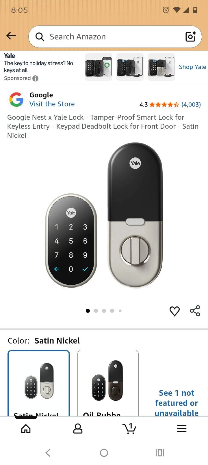 Google Nest X Yale Lock - Tamper-Proof Smart Lock For Keyless Entry - Keypad Deadbolt Lock For Front Door - Satin Nickel