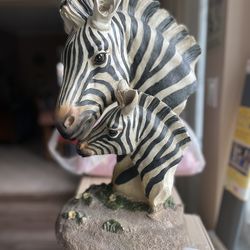 Glass Top Side Table W/ Base That Has A Mom And Baby Zebra , An Art Piece