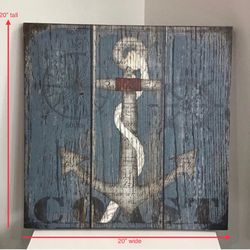 Large Blue & White Weathered Look “Coast” Anchor Hanging Canvas Print