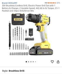 $20-Brand: DOCLERY 4.4 (21) 2OV Brushless Cordless Drill, Electric Power Drill Set with 1 Battery & Charger, 2 Variable Speed, 442.48 In-lb Torque, 21