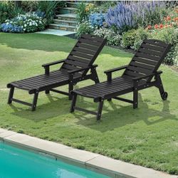 Set of 2, HDPS Chaise Lounge Outdoor with Wheels, 5 Positions Adjustable Pool Lounger Chairs for Outside, Patio, Deck, Black